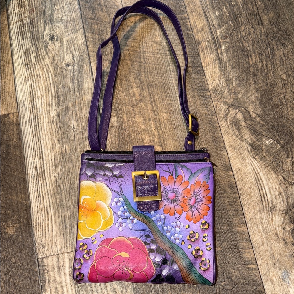 Anuschka Purple Floral Painted Leather Crossbody with Gold Buckle